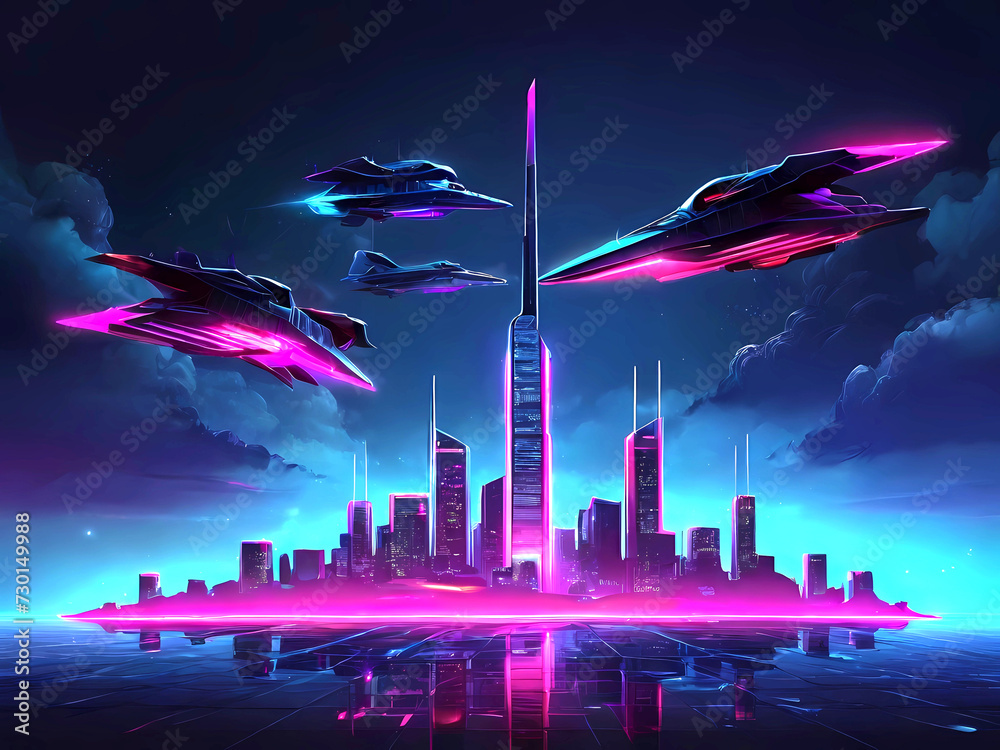 Glowing neon cyberpunk city skyscrapers in the night and flying ...
