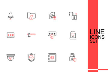 Canvas Print - Set line Shield security with lock, Safe, check mark, Security camera, Ringing alarm bell, Password protection, Parking car barrier and Laptop password icon. Vector