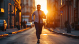 Fototapeta Londyn - Running man jogging in city at sunset. Sport fitness model caucasian ethnicity training outdoor.