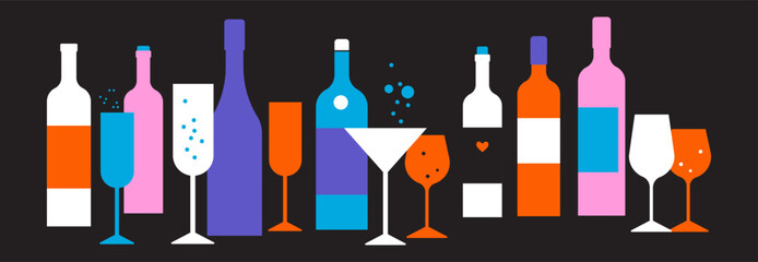 A set of vector flat bottles, glasses of wine. Cocktail, alcohol beverage. Labels without titles. Illustration for bar, cafe, restaurant menu design. Wine tasting. Modern vector elements on black