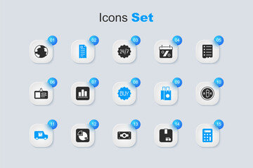 Sticker - Set Carton cardboard box, Pie chart infographic, Financial check, Delivery cargo truck, Calculator, Cryptocurrency coin Bitcoin, Worldwide and Buy button icon. Vector