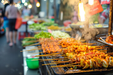 Poster -  travelers on a street food tour in an Asian city. They are trying various local dishes - engaging with street vendors