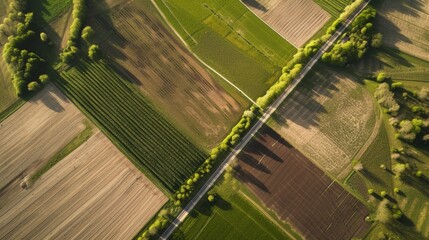 Aerial top view of panorama seen from above of the plain with the cultivated fields divided into geometric shapes in spring background, copy space