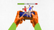 © Lustre Art Group  - Modern aesthetic artwork. Hands holding smartphone with image of two boxers fighting, health bars at top. Concept of mobile sports game app, focusing on competition and player interaction.