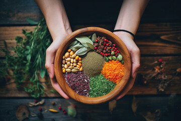 Wall Mural - Hands holding a bowl with a fresh spices and herbs