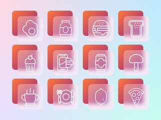 Poster - Set line Bread toast, Plate, fork and knife, Soda can, Lemon, Food ordering mobile, Burger, Scrambled egg and Jam jar icon. Vector