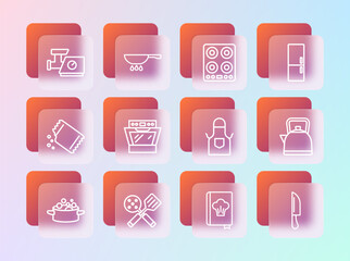 Sticker - Set line Refrigerator, Spatula, Kitchen apron, Cookbook, Oven, Gas stove, meat grinder and Frying pan fire icon. Vector