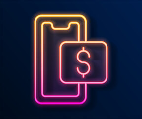 Wall Mural - Glowing neon line Mobile phone and shopping cart icon isolated on black background. Online buying symbol. Supermarket basket symbol. Vector