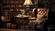Old-fashioned bookstore corner, stacks of books, reading lamp, leather armchair, tranquil
