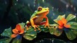 lively frog on a leaf, with a focus on its striking orange feet