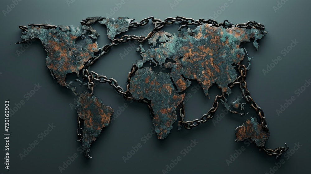World map made of black chain and rusty metal. All continents of the ...