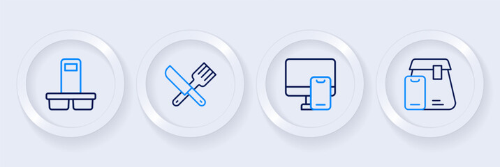 Canvas Print - Set line Online ordering food, Crossed knife and fork and Coffee cup to go icon. Vector