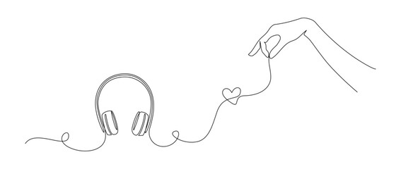 Aufkleber - Continuous one line drawing of headphones with hand and heart shape. Music gadget and earphones devices in simple linear style. Editable stroke. Doodle outline vector illustration