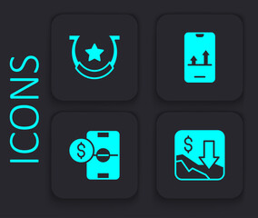 Wall Mural - Set Financial growth decrease, Horseshoe, Online sports betting and Football money icon. Black square button. Vector