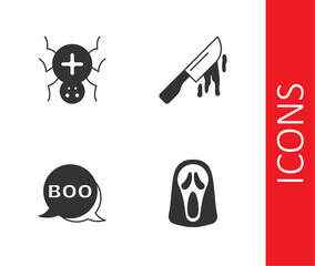 Wall Mural - Set Funny and scary ghost mask, Spider, Boo speech bubble and Bloody knife icon. Vector