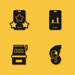 Sticker - Set Online sports betting, Hand holding casino chips, Slot machine and icon with long shadow. Vector