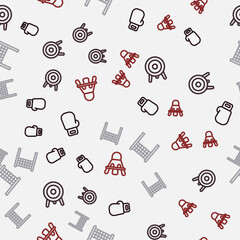 Sticker - Set line Boxing glove, Target sport, Volleyball net and Badminton shuttlecock on seamless pattern. Vector