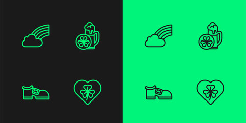 Sticker - Set line Heart with clover trefoil leaf, Leprechaun boot, Rainbow cloud and Glass of beer icon. Vector