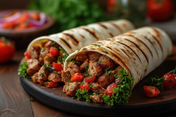 Wall Mural - Savory Grilled Chicken Burritos Shawarma Served on a Wooden Platter in a Rustic Kitchen Setting