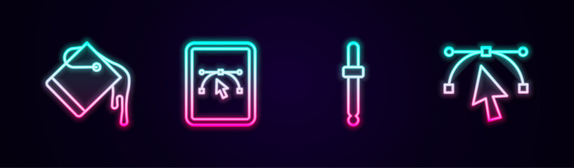 Canvas Print - Set line Paint bucket, Computer with design program, Eyedropper color picker palette and Bezier curve. Glowing neon icon. Vector