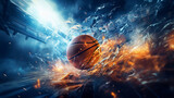 Fototapeta Sport - Basketball frozen mid-score against a backdrop of dynamic stadium lights