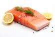 Fresh fillet of salmon, trout, red fish with slice of lemon, rosemary, black pepper on white background. Healthy food, source of omega 3, object for design and advertising