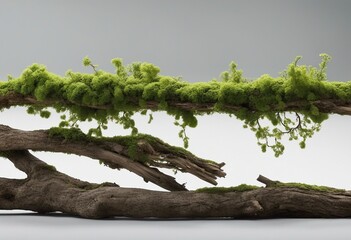 Fresh green moss on rotten branch and dirt isolated on white side view clipping path