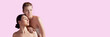 © master1305 - Beautiful young girls, brunette and blonde models with well-kept skin posing on pink background. Concept of natural beauty, cosmetology and cosmetics, skincare. Banner. Empty space to insert text, ad