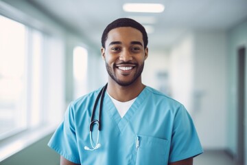 Wall Mural - Happy african american man medical assistant in clinic. Nurse in uniform doctor at hospital