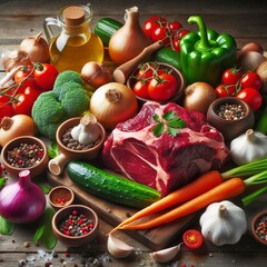 Wall Mural - Beef bone and vegetable ingredients for cooking broth