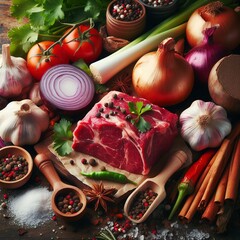 Wall Mural - Beef bone and vegetable ingredients for cooking broth