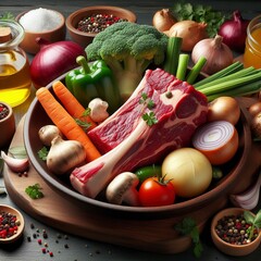 Wall Mural - Beef bone and vegetable ingredients for cooking broth