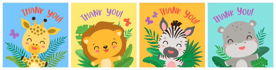 Cute animal characters thank you card set. Fun african animals cartoon kawaii design. Jungle safari animals waving and smiling. For birthday invitation, greeting card, label. Children vector.