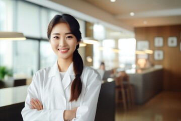 Wall Mural - Happy asian woman medical assistant in clinic. Nurse in uniform doctor at hospital