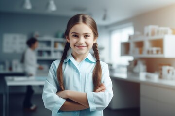 Wall Mural - Happy child girl medical assistant in clinic. Nurse in uniform doctor at hospital