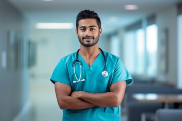 Wall Mural - Happy indian man medical assistant in clinic. Nurse in uniform doctor at hospital