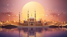 An Intricate Paper Mosque Silhouette Against A Pastel Sky, Golden Clouds Dotting The Horizon