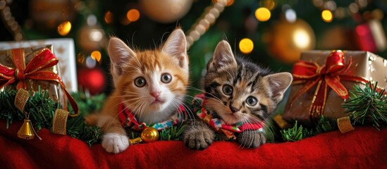 Wall Mural - Two colorful kittens wearing festive collars peeking out of a stocking surrounded by presents, making eye contact with the viewer.