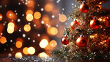 Fototapeta Pokój dzieciecy - Christmas tree glowing with shiny gold ornaments and lights generated by AI