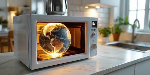 Wall Mural - Globe of Earth overheating in microwave oven. Climate changes concept.