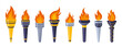 Torches with burning fire flame set. Different shapes torch flaming. Symbol competition, sport, games, victory, championship. Vector illustration isolated 