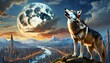 Urban Lament: Realistic Wolf Howling at the Moon Amidst Cityscape Backdrop