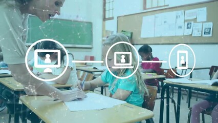 Poster - Animation of networks of icons over diverse schoolchildren and female teacher in classroom