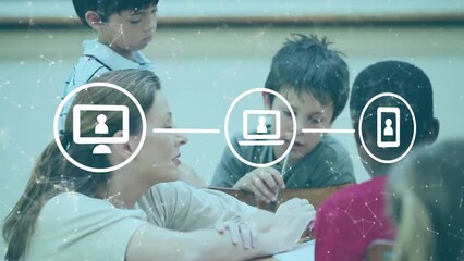 Poster - Animation of networks of icons over diverse schoolchildren and female teacher in classroom