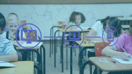 Poster - Animation of networks of icons over diverse schoolchildren in classroom
