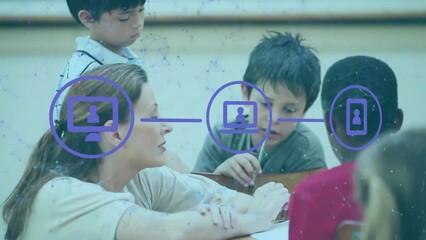Poster - Animation of networks of icons over diverse schoolchildren and female teacher in classroom