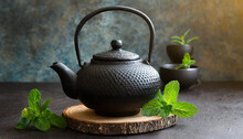 Black Iron Asian Teapot With Sprigs Of Mint For Tea