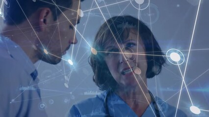 Poster - Animation of network of connections with icons over caucasian female doctor with male patient