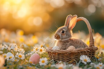 Sticker - cute little easter bunny sitting in a basket with easter eggs In Flowery Meadow, golden hour, Happy Easter postcard with sweet little rabbit, easter celebration postcard