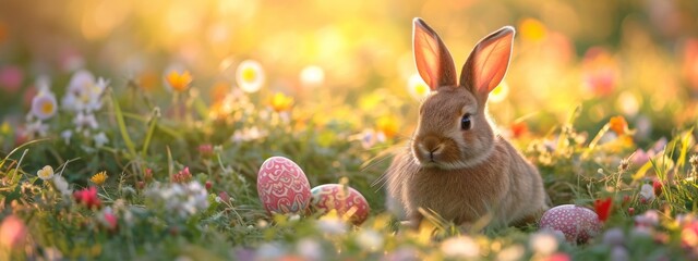 Sticker - cute little easter bunny sitting near easter eggs In Flowery Meadow, golden hour, sun is shining, banner image